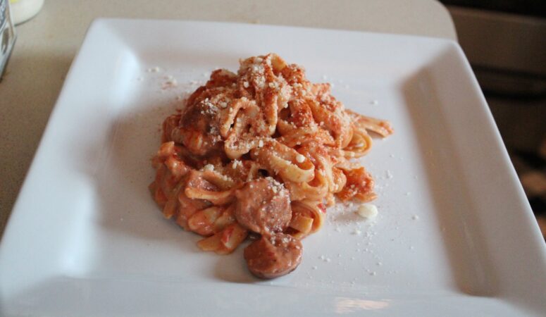 Delicious SHRIMP AND SAUSAGE PINK PASTA